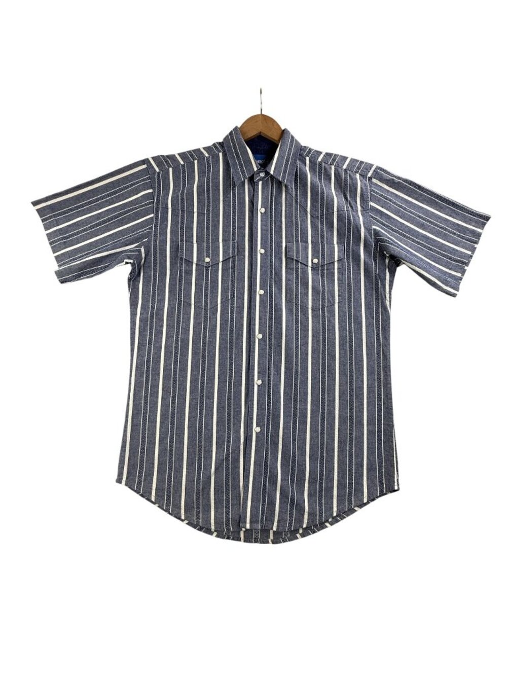 Vintage Wrangler Shirt Mens Medium Blue Stripe Short Sleeve Western Pearl Snap